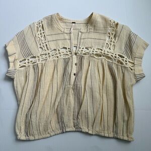 Free People Cream Crochet Lace Gauze Peasant Blouse Boho Top Size S